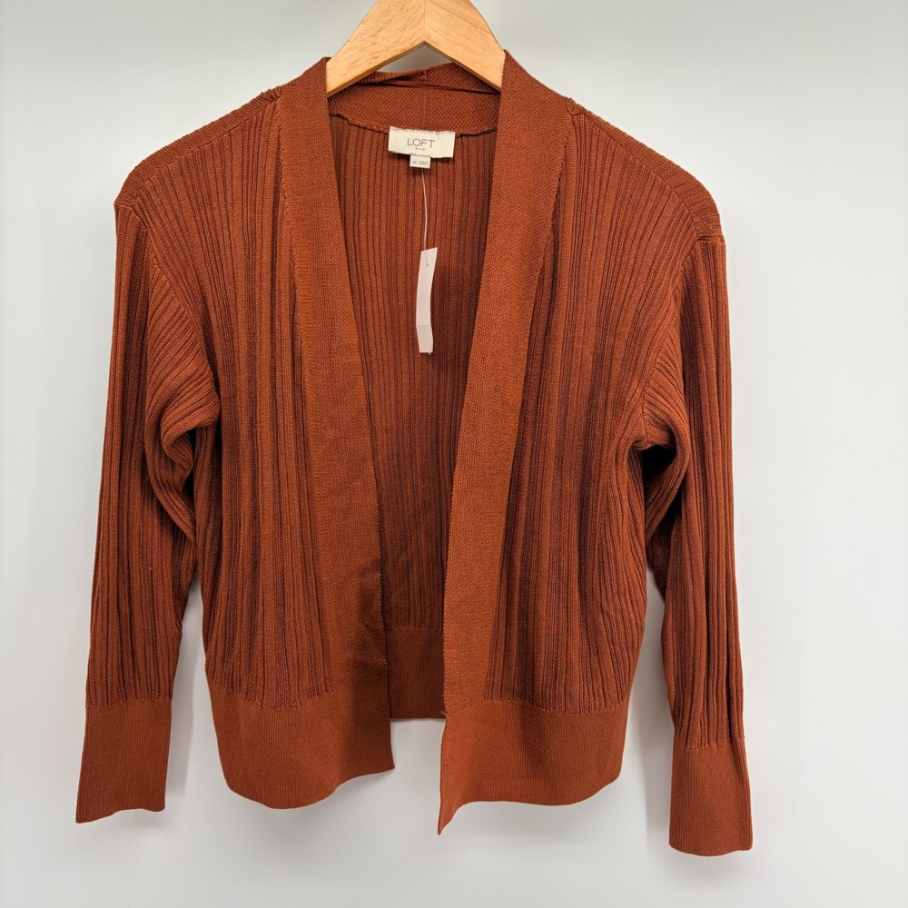 Loft Outlet Cardigan Sweater Womens XS Rust Orange Ribbed Open Front Knit New